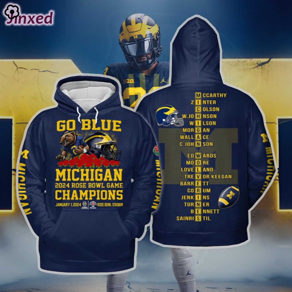 Michigan 2024 Rose Bowl Game Champions Go Blue 3d Hoodie T-shirt 